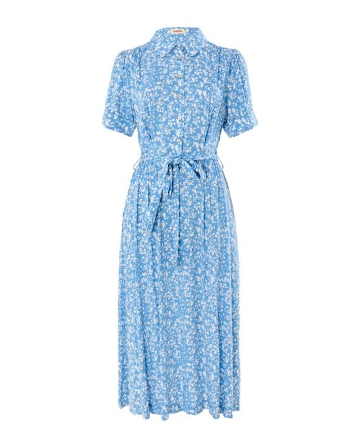 Louche Blue Inesa Negative Floral Print Short Sleeve Midi Shirt Dress