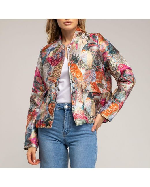 Tantra Spain Sl Printed Brocade Jacket With Gathered Waist, Clip Closure, And Front Flap Pockets