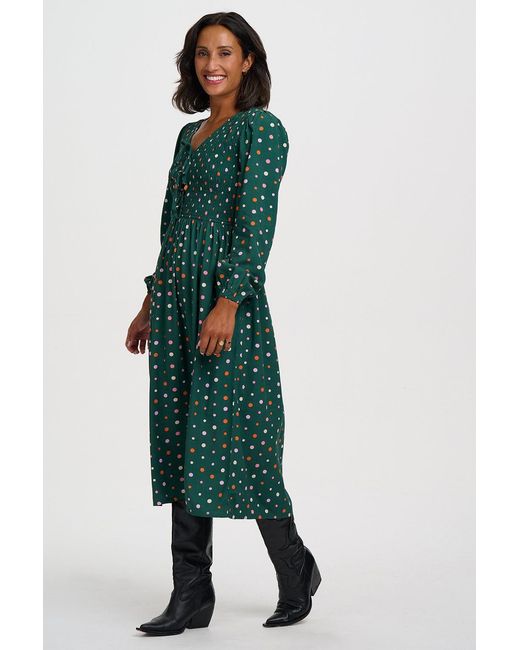 Sugarhill Green Kasia Shirred Midi Dress Dark Dots