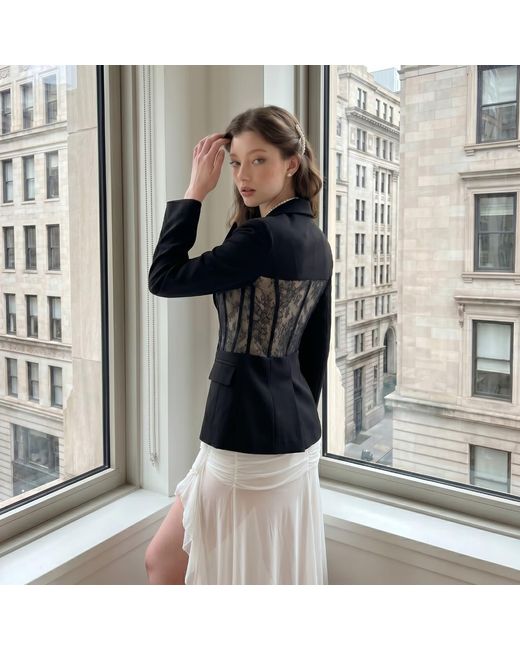 Modenaire Black Lace Panel Blazer Sculpted Form