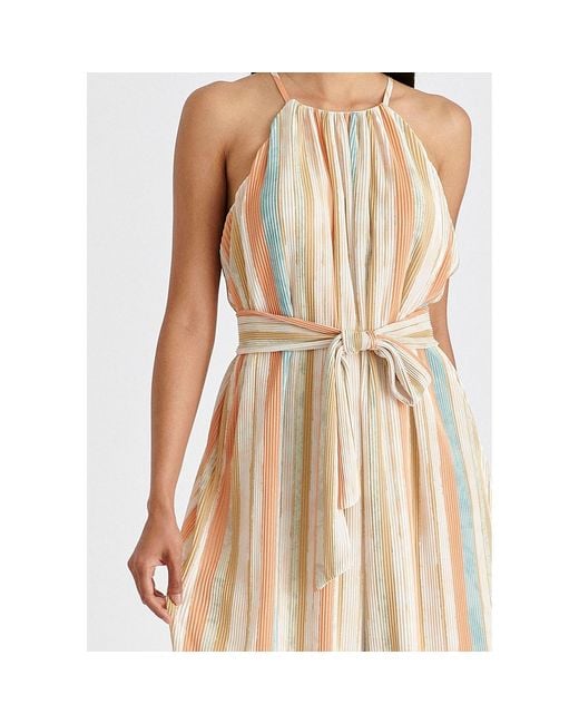 Paisie Natural Halter Neck Plisse Dress With Belt
