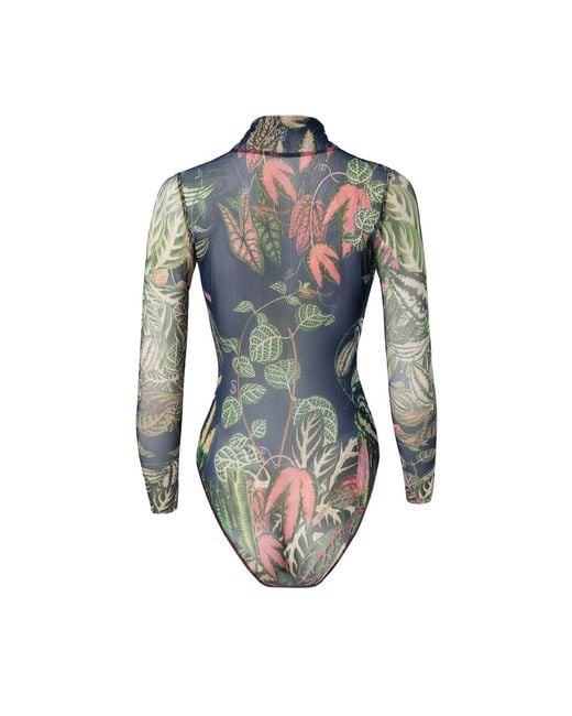 Rodasoleil Smart Swimwear Blue Tan-Through Mesh One-Piece Zipper Swimsuit With Sleeves Botanicum