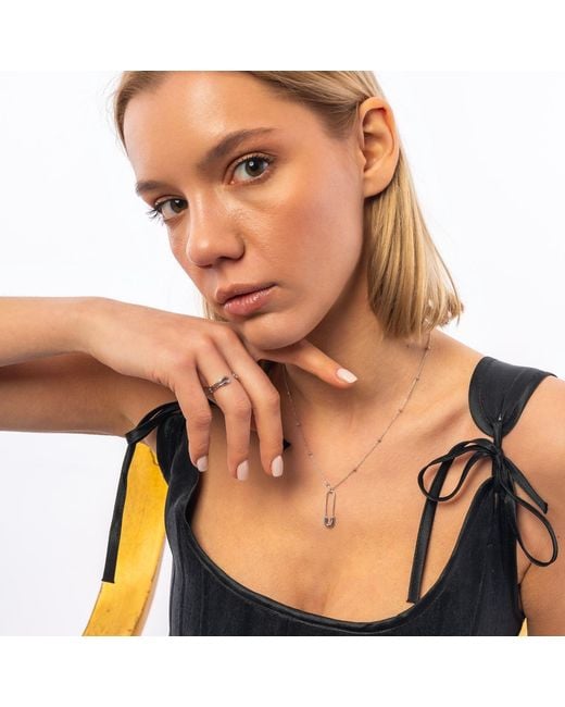 Spero London Metallic Sterling Safety Pin Necklace With Beaded Satellite Chain