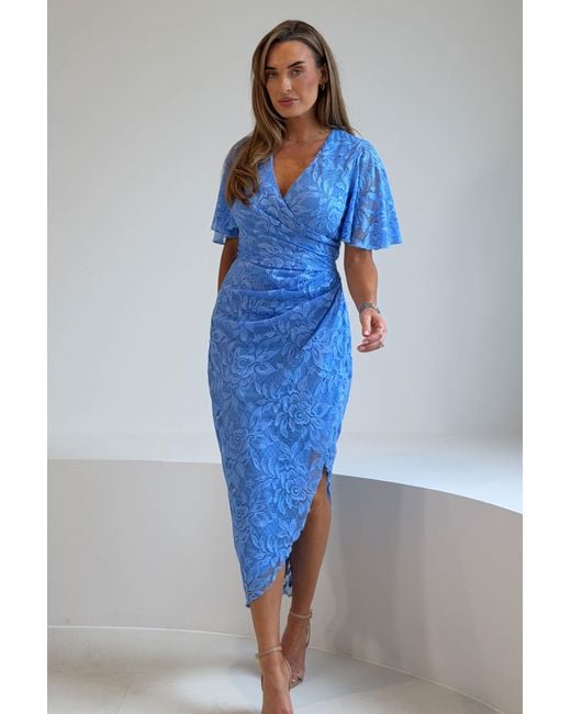 Girl In Mind Blue Natasha Angel Sleeve Wrap Midi Dress