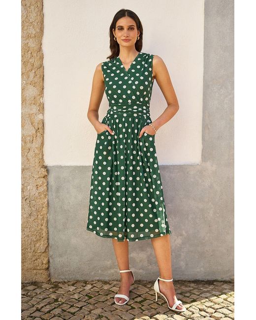Yumi' Green Polka Dot Mesh Wrap Skater Dress With Pockets