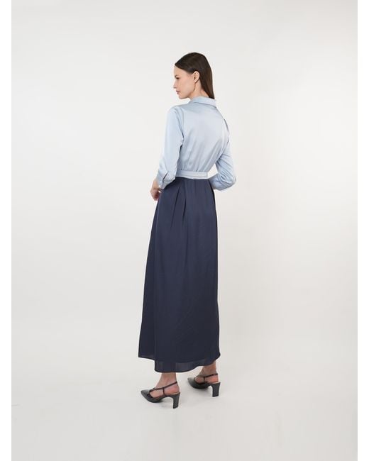 John Abgin Blue Satin Contrast Pearl Detail Maxi Shirt Dress