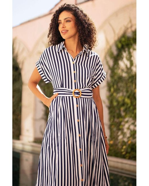 Yumi' Blue Stripe Print Relaxed Midi Shirt Dress With Belt