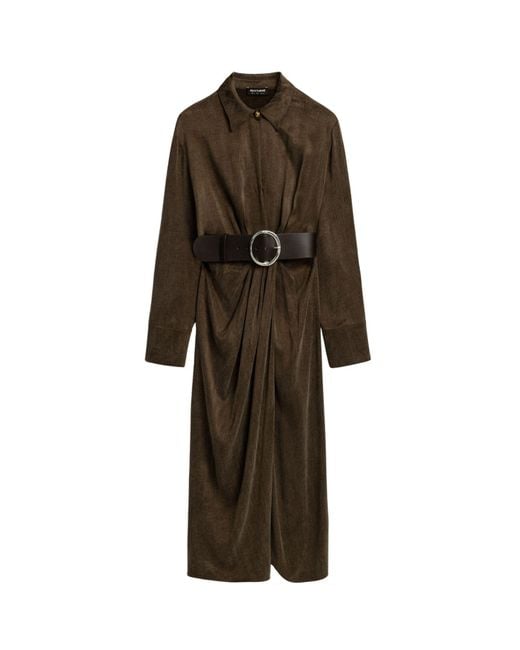 Nocturne Brown Belted Draped Shirt-Collar Maxi Dress