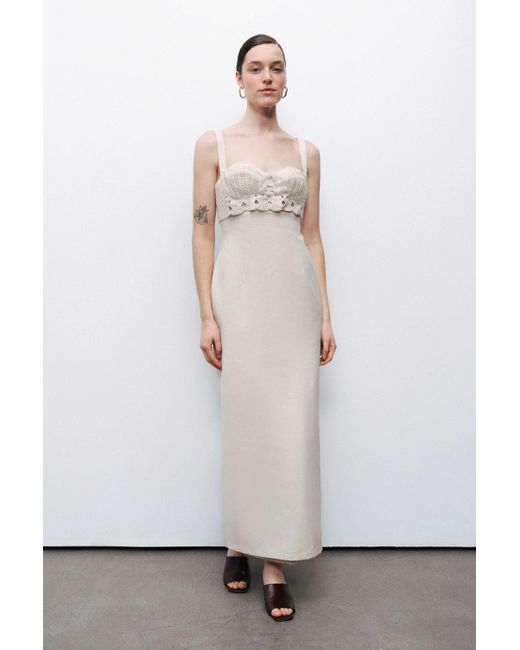 Nocturne White Neutrals Ecru Linen Brode Detailed Sweetheart Maxi Dress