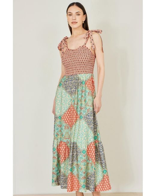 Yumi' Green Multicolour Patchwork Ruched Smocked Maxi Sundress
