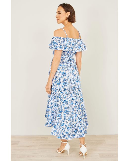 Yumi' Blue Floral Print Bardot Midi Dress With Dip Hem