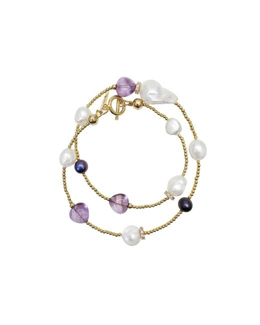 Farra Metallic Baroque Pearls With Heart Shaped Amethyst Bracelet Choker
