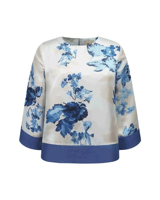 Smart and Joy Blue Satin Blouse With Contrasting Floral Print