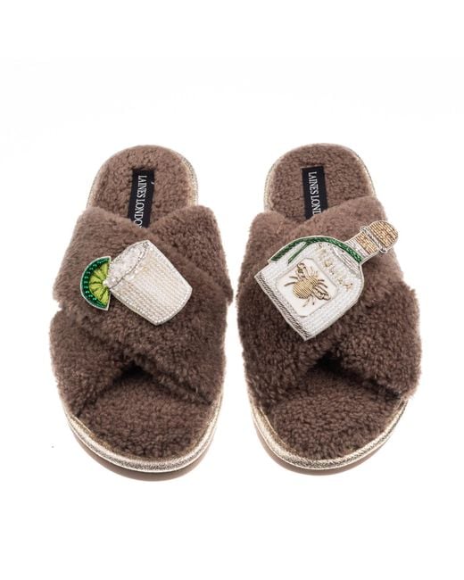 Laines London Brown Neutrals Laines Neutral Boucle Slippers With Agave Tequila Brooches