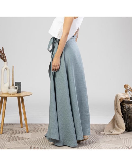 Nikka Place Blue Summer Beach Linen Wrap Skirt With Tie