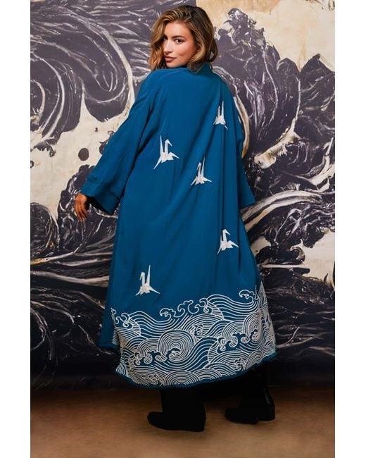 Artemis Muse Blue Origami & Hokusai Wave Embroidered Fully Lined Deep Long Kimono