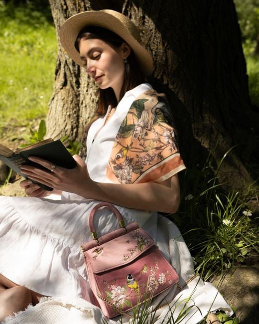 Fable England Pink Morning Song Bird Embroidered Mini Tote