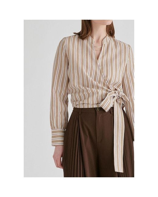 Paisie Natural Neutrals Split Collarless Wrap Top With Side-Tie Waist