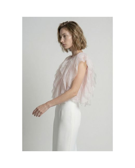 Modenaire Pink Sheer Tulle Blouse With Cascading Ruffles