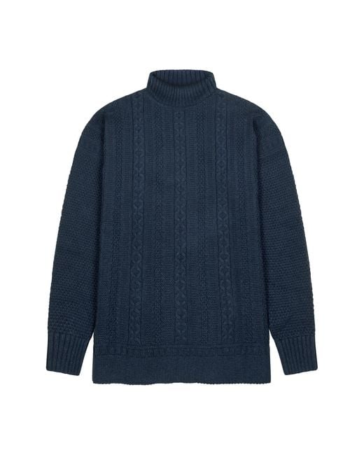 Paul James Knitwear Blue Midweight Cotton Aith Cable Roll Neck Gansey Jumper for men