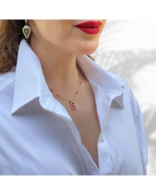 Ebru Jewelry Red Moon Pendant & Enamel Chain Necklace