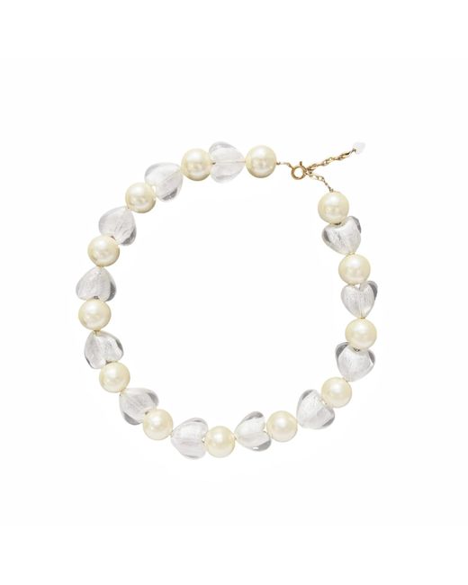 I'MMANY LONDON Metallic Whisper Of Heart Glass Heart And Jumbo Pearl Necklace, Clear