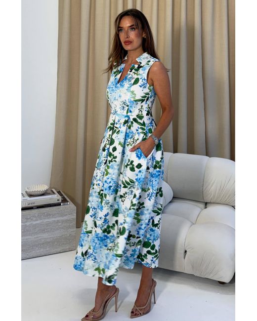 Girl In Mind Blue Ameya Notch Neck Sleeveless Midi Dress Floral
