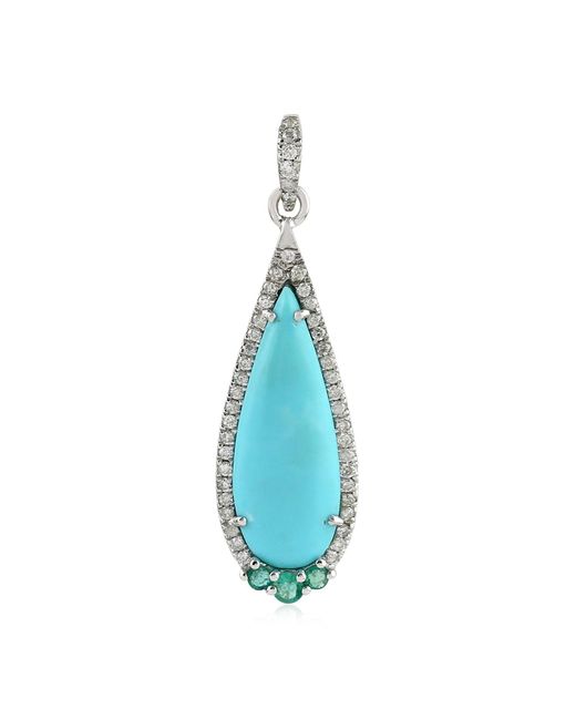 Artisan Blue Natural Turquoise Pendant Diamond Emerald 18k White Gold Jewelry