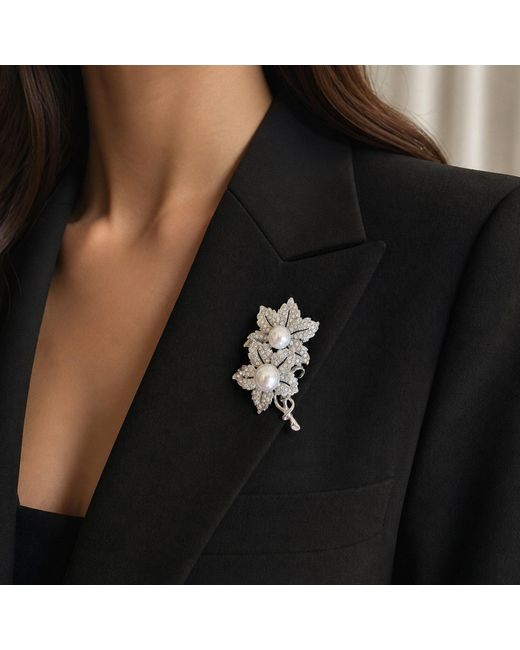 Nuvv Collection White Neutrals Pearl & Crystal Floral Brooch – Vintage Inspired Statement Pin