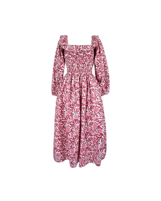 Echo of Pink Pink Portia Smoked Hand Block Print Cotton Floral Midi Dress