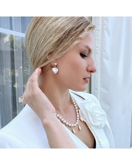 Farra Metallic Baroque Pearls Dangle Clip On Earrings