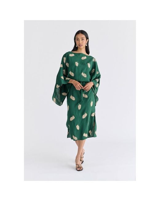 Paisie Green Leaf Embroidered Kimono Sleeves Midi Dress