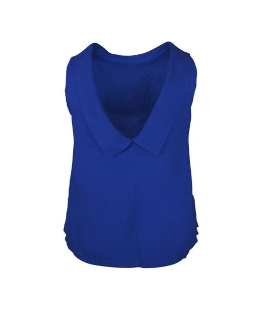 Haris Cotton Blue Boat Neckline Sleeveless Linen Top With Deep V Back Sapphire