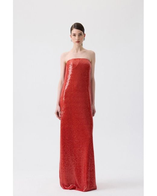 Rue Les Createurs Red Oranj Strapless Long Sequin Dress
