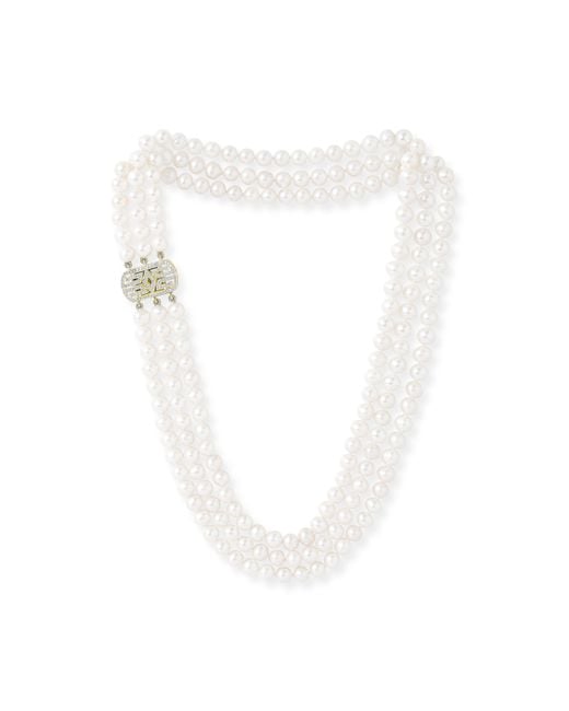 Pearls of the Orient Online White Stella Triple Strand Cultured Freshwater Pearl Necklace With Art Deco Style Vermeil Pave Clasp