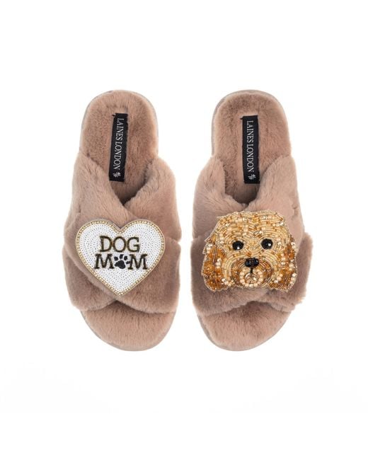 Laines London Brown Classic Laines Slippers With Enki-Doo The Cockapoo & Dog Mum Mom Brooches