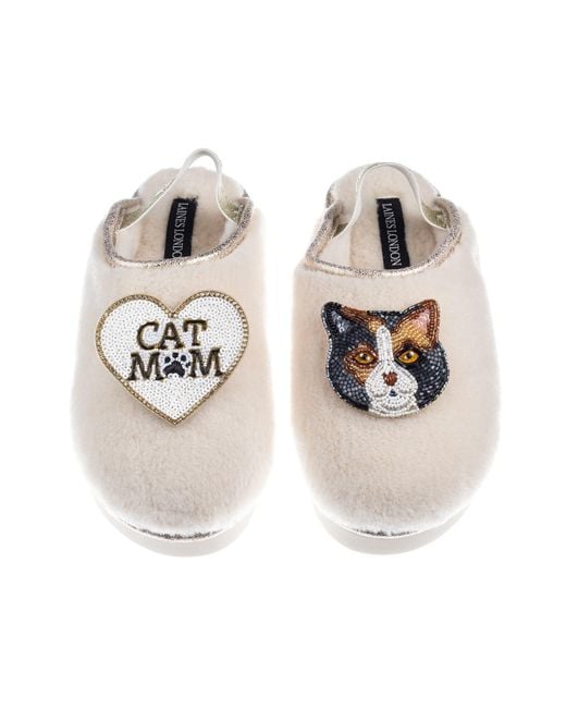 Laines London Metallic Neutrals Flatform Cloud Slippers With Calico British Shorthair Cat & Cat Mum/Mom Brooches