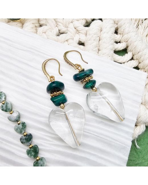 Farra Blue Heart Shaped Quartz With Bamboo Coral Earrings