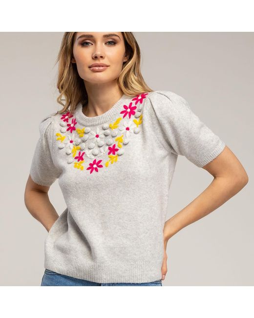 Tantra Spain Sl Gray Short-Sleeved Sweater With Embroidered Flowers