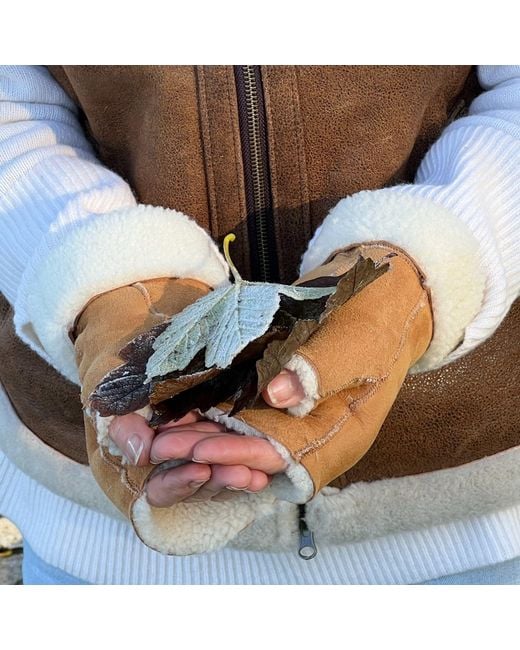Owen Barry Brown Neutrals Tube Mittens Sheepskin Brandy Cream