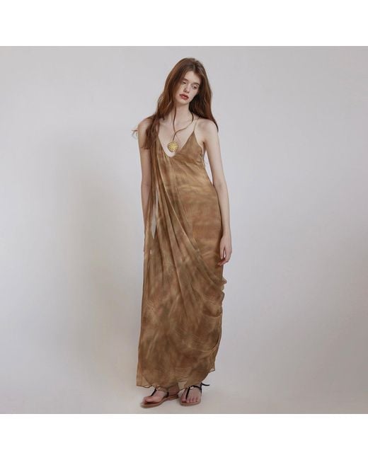 Belsize25 Natural Neutrals Lumen Print Smoky Oud Draped Silk Resort Dress