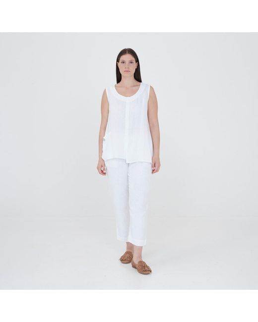 Haris Cotton White Front Pocket Linen Sleeveless Top