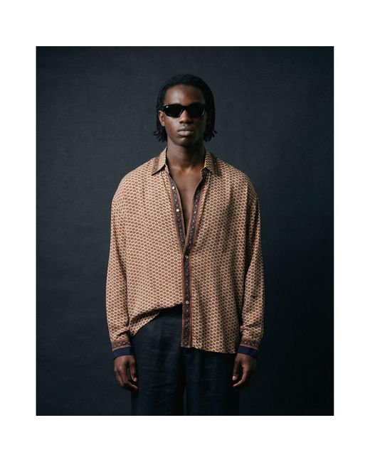 Monzlapur New York Brown Embossed Botanic Long Sleeve Crepe Shirt for men