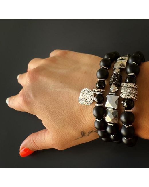 Ebru Jewelry Black Sterling Sugar Skull Charm Onyx Stone Beaded Bracelet