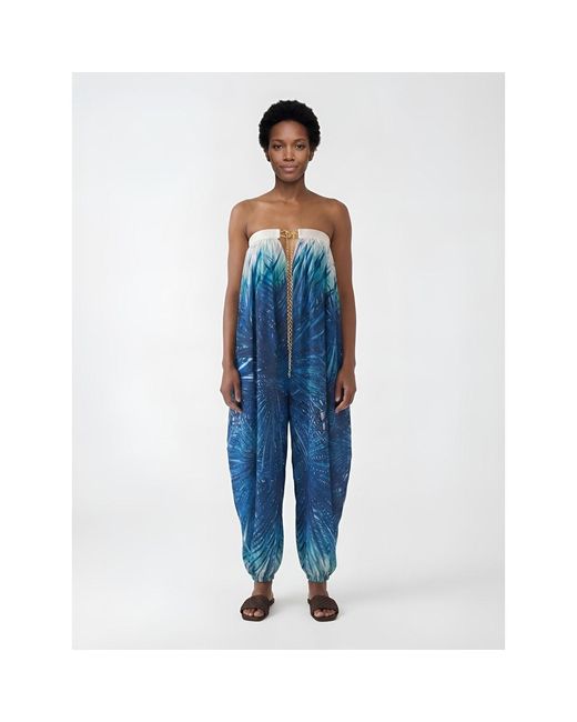Women & Women Blue Tropical Palm Print Chiffon Jumpsuit