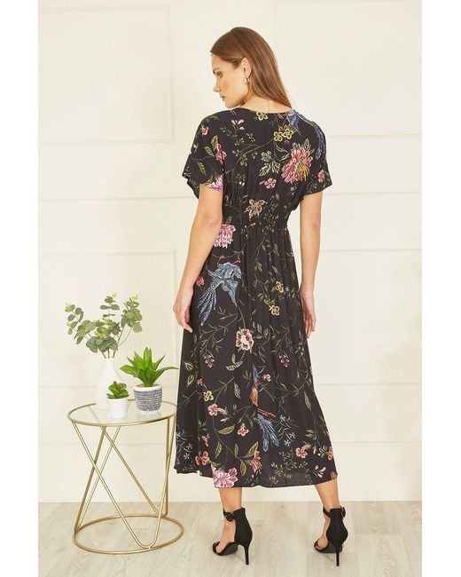 Yumi' Black Viscose Bird & Floral Print Kimono Midi Dress