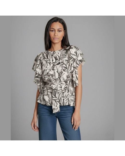 Imaatu Gray Neutrals Butterfly Blouse Palms Butter Sustainable Viscose One Size Ruffle Sleeves Tropical Print