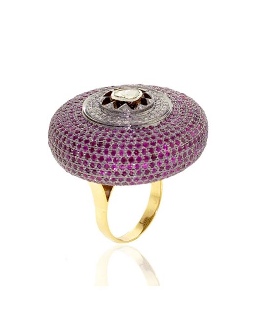 Artisan Purple Multicolor Pave & Uncut Diamond In 14k Yellow Dome Cocktail Ring