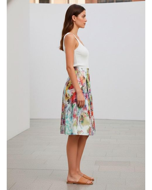 Conquista White A-Line Midi Skirt With Vibrant Abstract Print