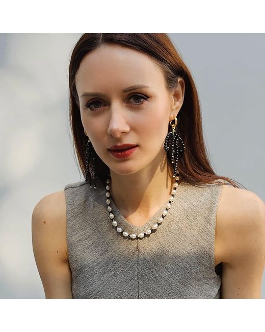 Farra Metallic Obsidian Crafted Butterfly Knot And Tassel Asymmetric Earrings